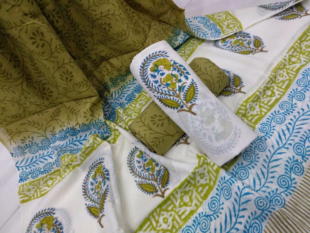 Olive and white Cotton dupatta suits for women