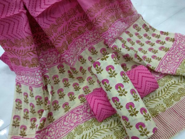 pink and Chartreuse green Booty print cotton dupatta suits