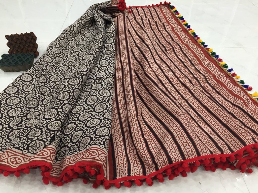 Bagru print pompom cotton saree with blouse