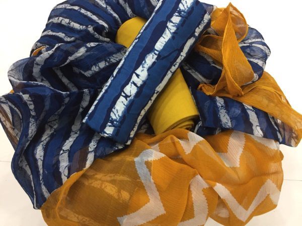 Yellow-Blue Batik Print Cotton Suit Set With Chiffon Dupatta