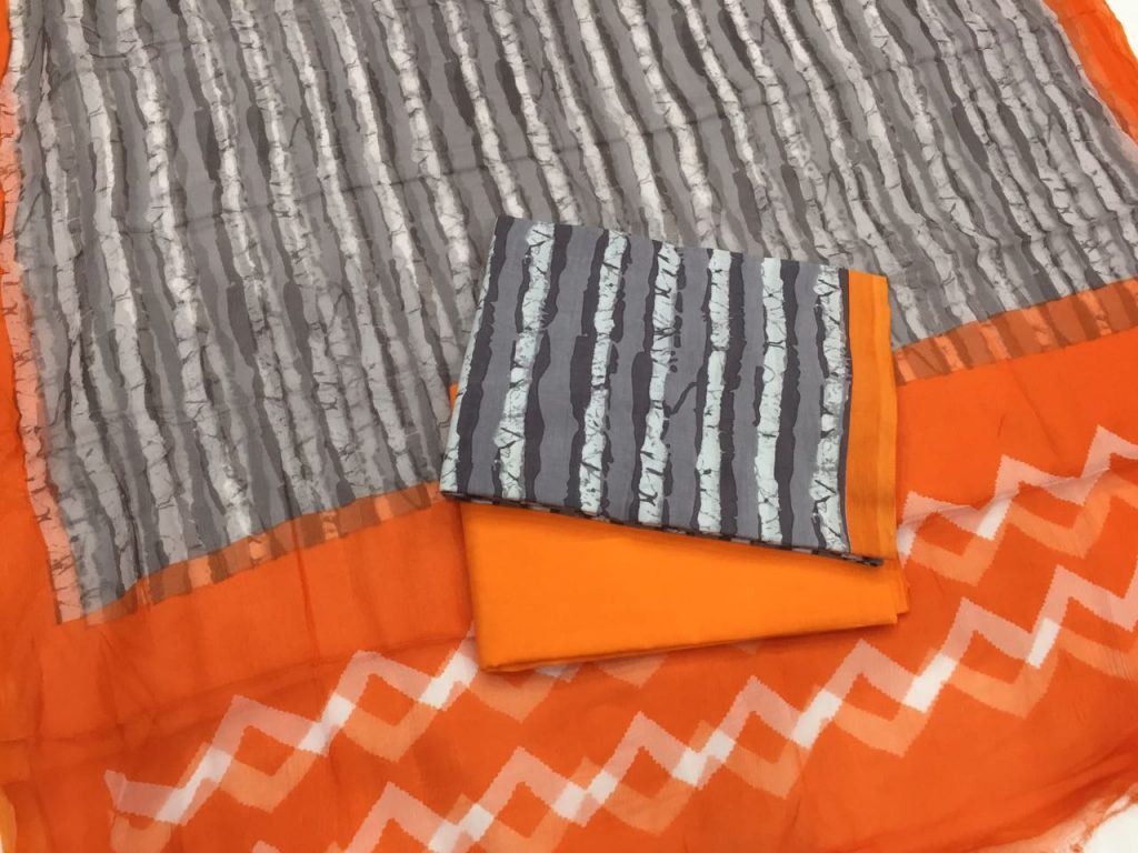 Superior Quality orange Batik print Cotton Suit With Chiffon Chunni