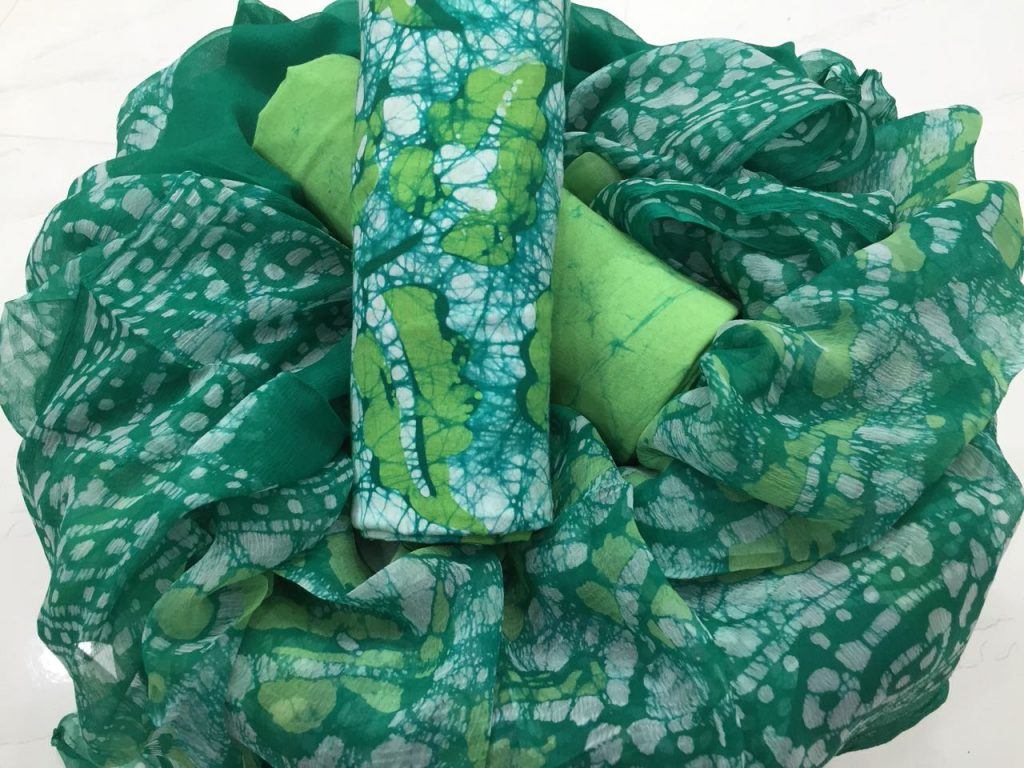 Traditional green batik print cotton suit with chiffon dupatta