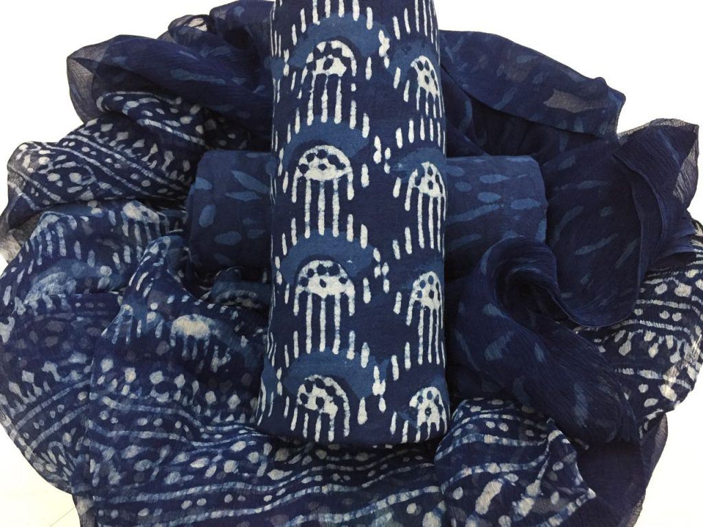 Exclusive indigo dabu print cotton salwar suit set with pure chiffon chunni