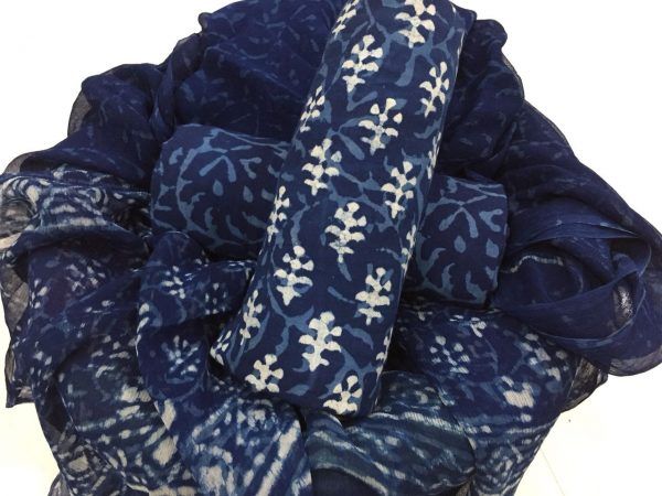 Natural indigo dabu print pure chiffon dupatta with cotton salwar suit set
