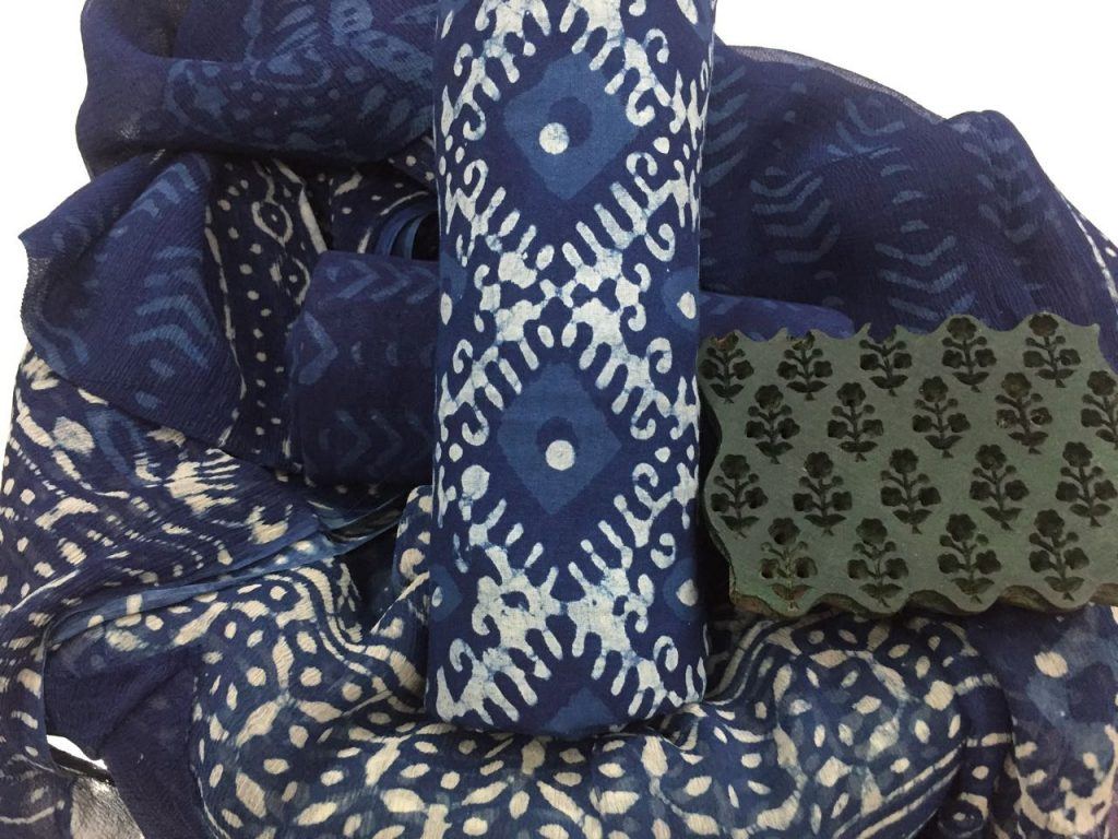 Superior quality indigo dabu print cotton salwar kameez set with pure chiffon chunni