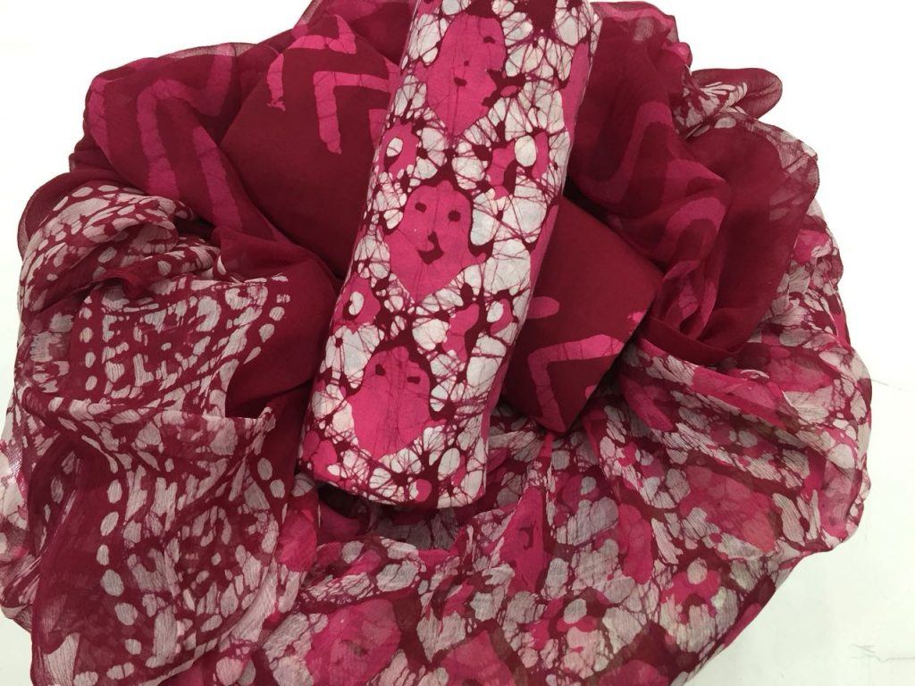 Superior quality pink batik print cotton salwar suit with pure chiffon chunni