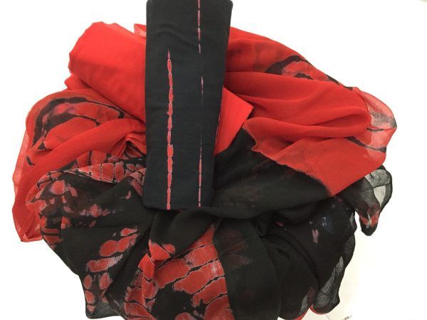 Exclusive black-red shibori print cotton suit set with chiffon dupatta