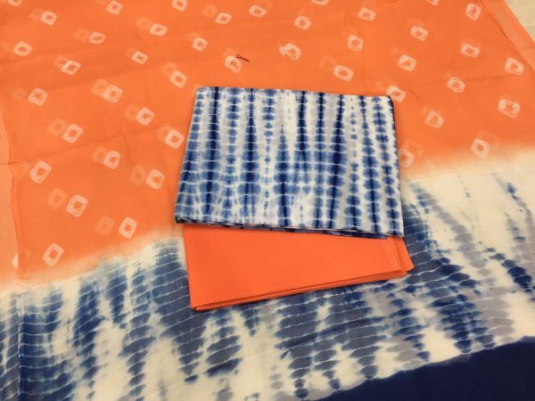 Dress material blue shibori print orange pure chiffon chunni pure cotton salwar suit