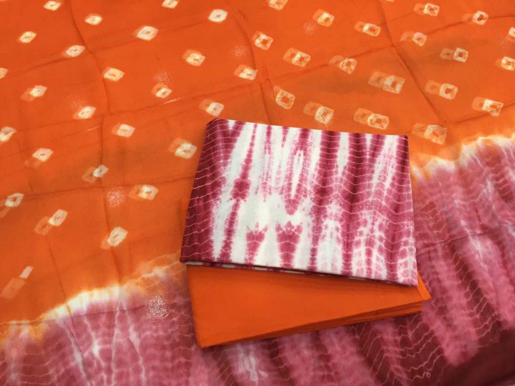 Beautiful burgundy shibori print orange cotton salwar kameez with chiffon dupatta