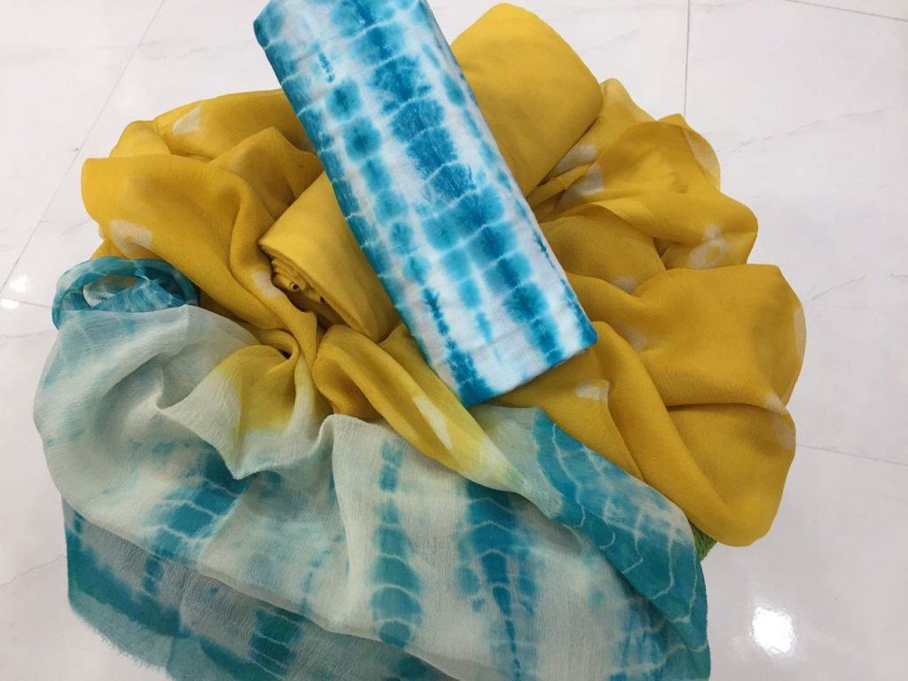 Pure baby blue shibori print pure chiffon chunni cotton salwar suit