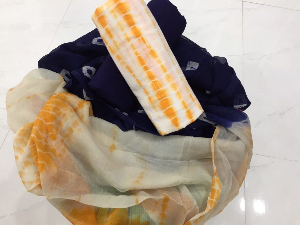 Exclusive amber shibori print pure chiffon chunni cotton suit set