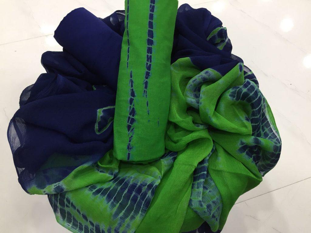 Dress material green bandhej print chiffon chunni pure cotton suit set