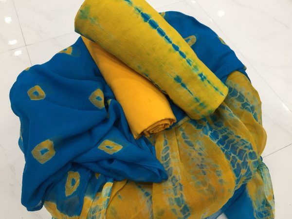 Yellow blue bandhani print chiffon chunni cotton salwar suit set