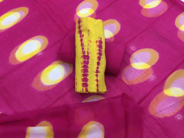 Jaipur yellow pink shibori print chiffon chunni cotton salwar kameez set