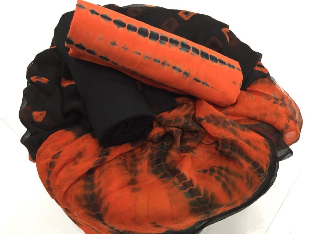 Jaipuri orange-red tie n dye print chiffon chunni cotton salwar kameez