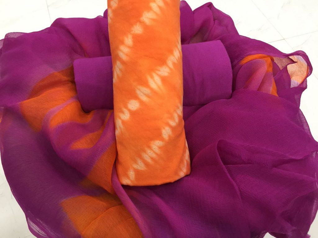 Jaipuri byzantium bandhej print orange pure chiffon dupatta pure cotton salwar suit