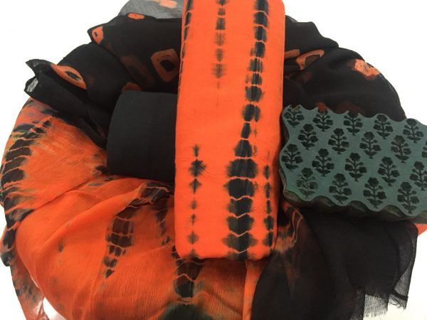 Superior quality orange-red bandhej print pure chiffon chunni cotton suit set