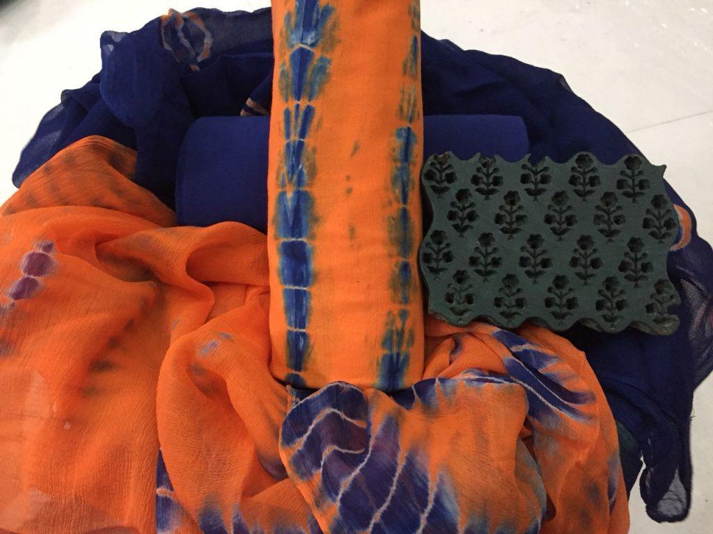 Jaipur orange red shibori print pure chiffon chunni cotton salwar kameez set