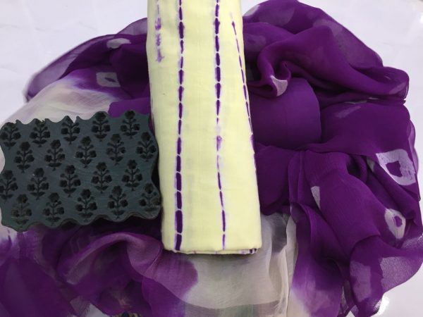 Jaipuri purple bandhej print beige pure chiffon chunni pure cotton suit set