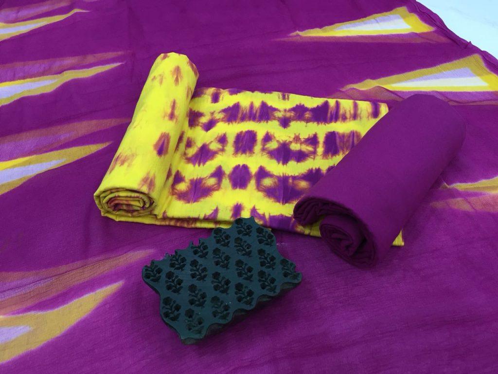 Exclusive yellow bandhani print purple pure chiffon chunni pure cotton suit