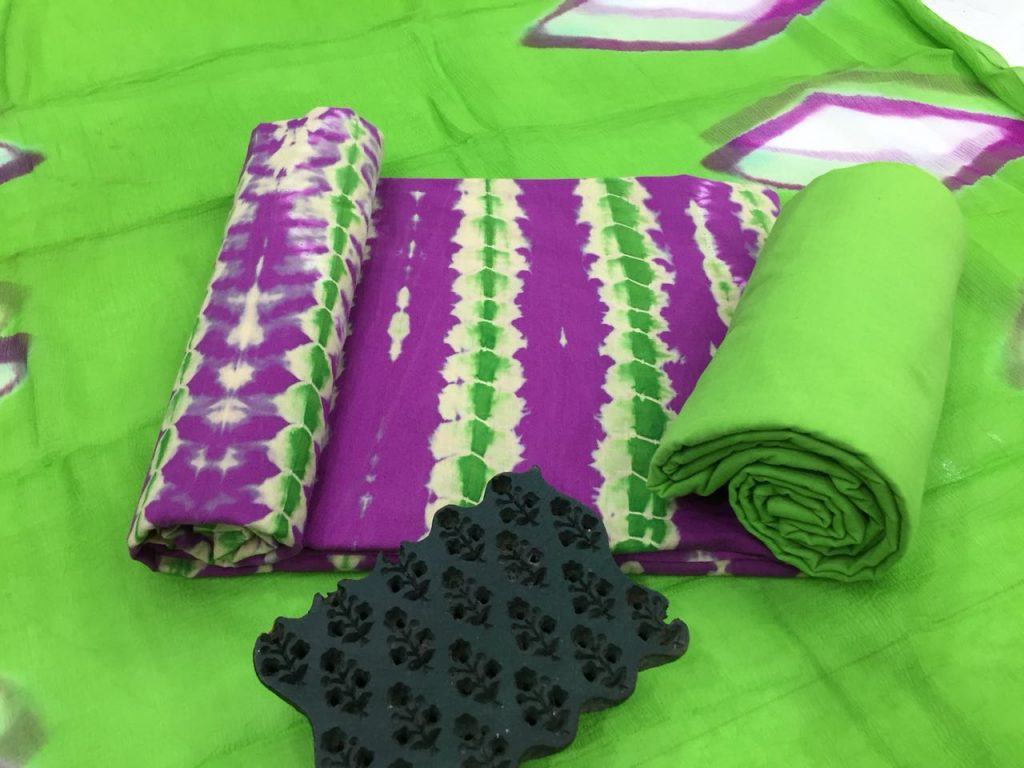 Unstitched purple tie n dye print cotton salwar kameez with pure chiffon chunni