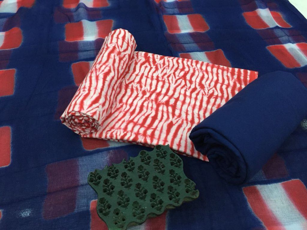 Red navy-blue bandhani print cotton salwar kameez set with pure chiffon chunni