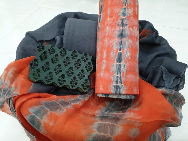 Exclusive orange-red shibori print cotton salwar kameez set with pure chiffon chunni
