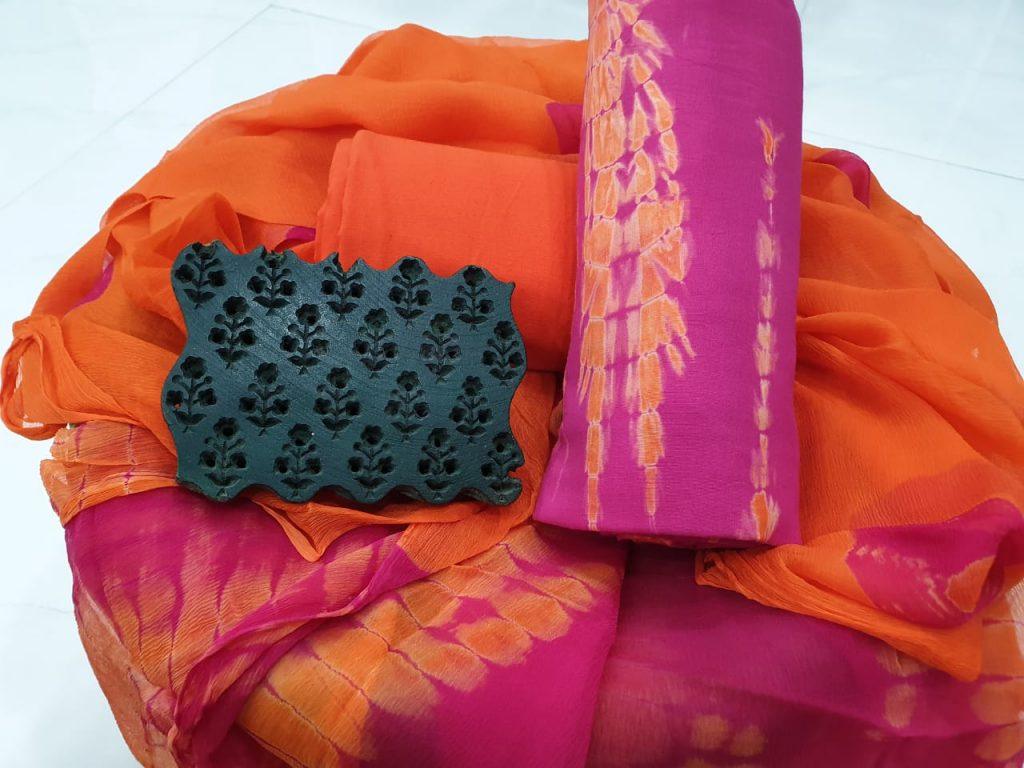 Natural magenta rose tie n dye print pure cotton salwar suit set with pure chiffon chunni