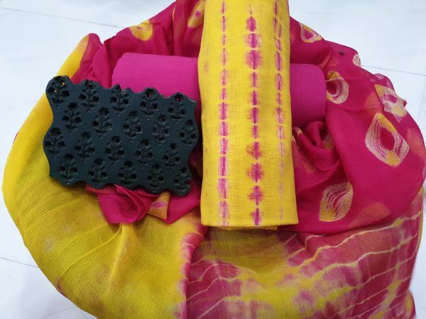 Traditional lemon bandhani print cotton suit set with chiffon chunni