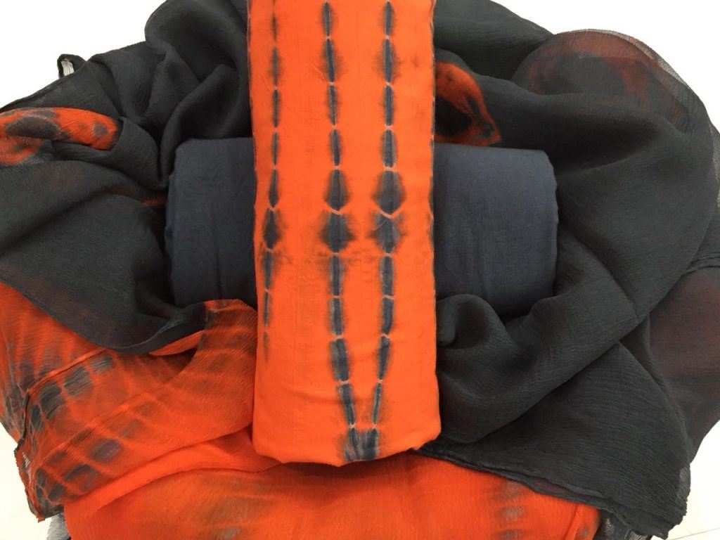 Natural orange-red shibori print pure cotton suit with chiffon chunni