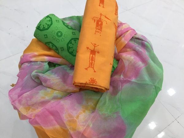 Traditional orange shibori print cotton suit with chiffon dupatta