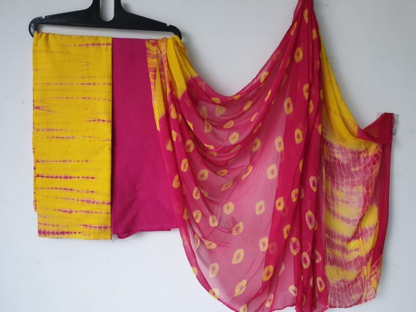 Jaipuri amber carmine bandhej print pure cotton suit set with chiffon chunni