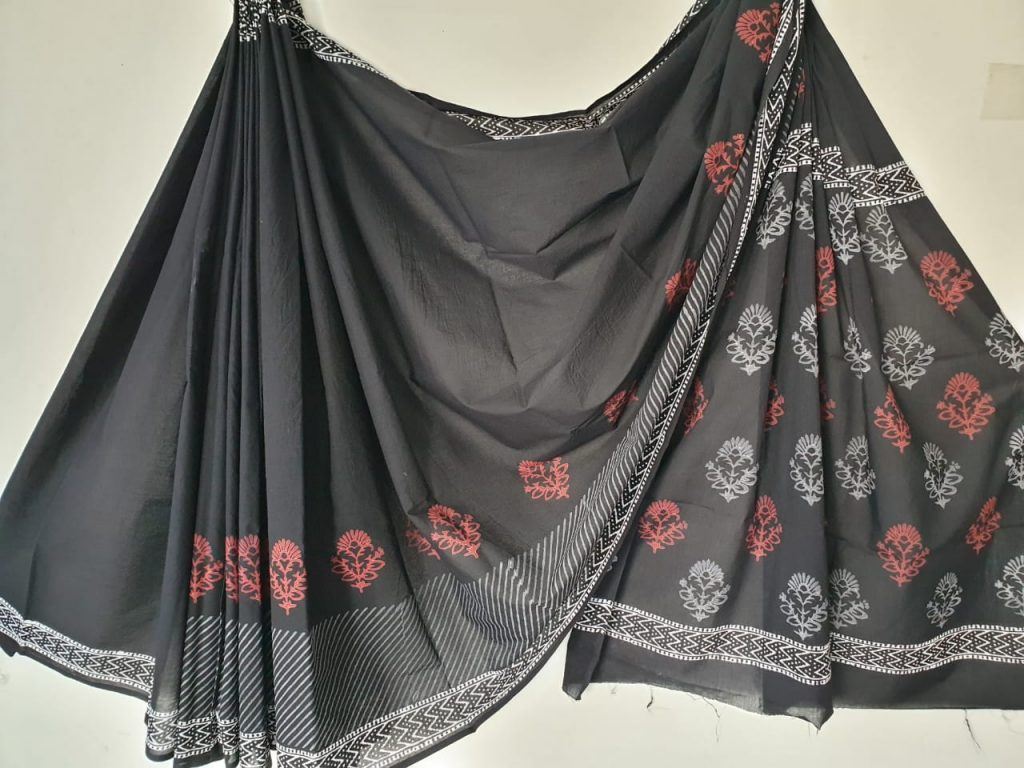 Beautiful black casual wear bagru print pure Cotton mulmul saree with blouse