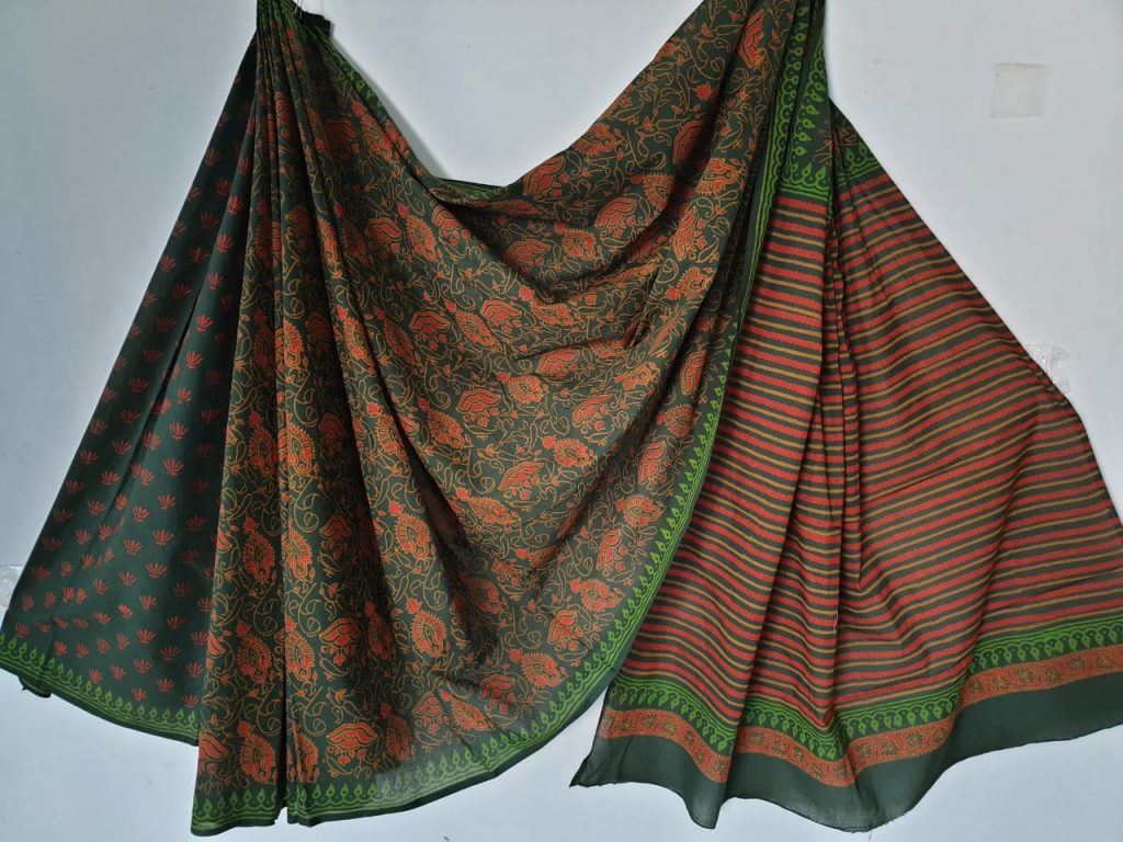 Natural brown party wear bagru print pure Cotton mulmul saree with blouse