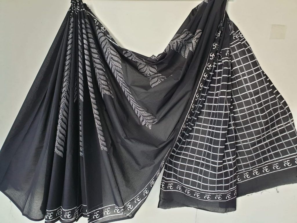 Natural black bagru print regular wear print Cotton malmal saree with blouse