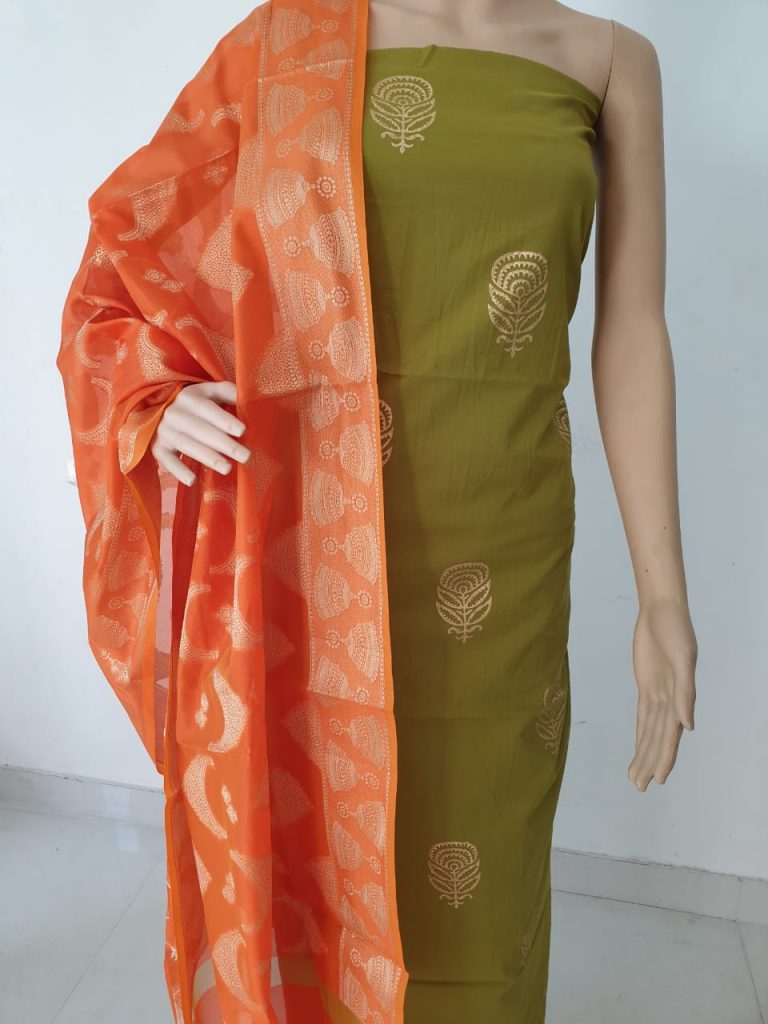 Jaipuri orange casual wear Cotton 2 piece suit with jakard  golden work dupatta