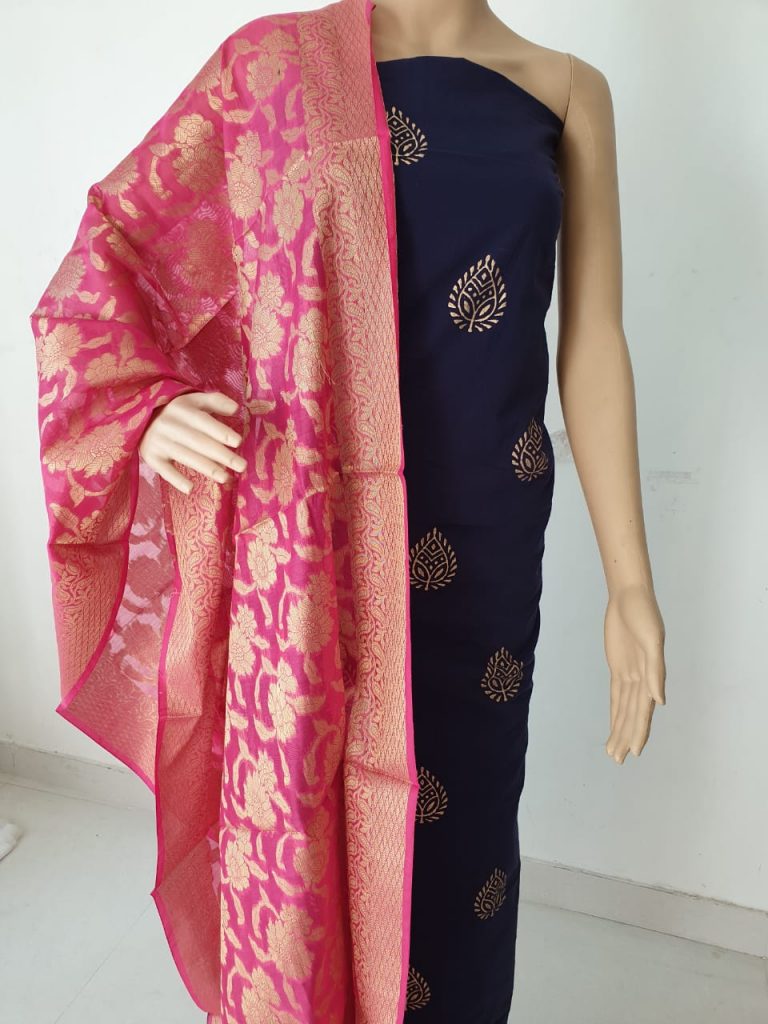 Blush floral print pure cotton jakard golden work dupatta with 2-piece suit