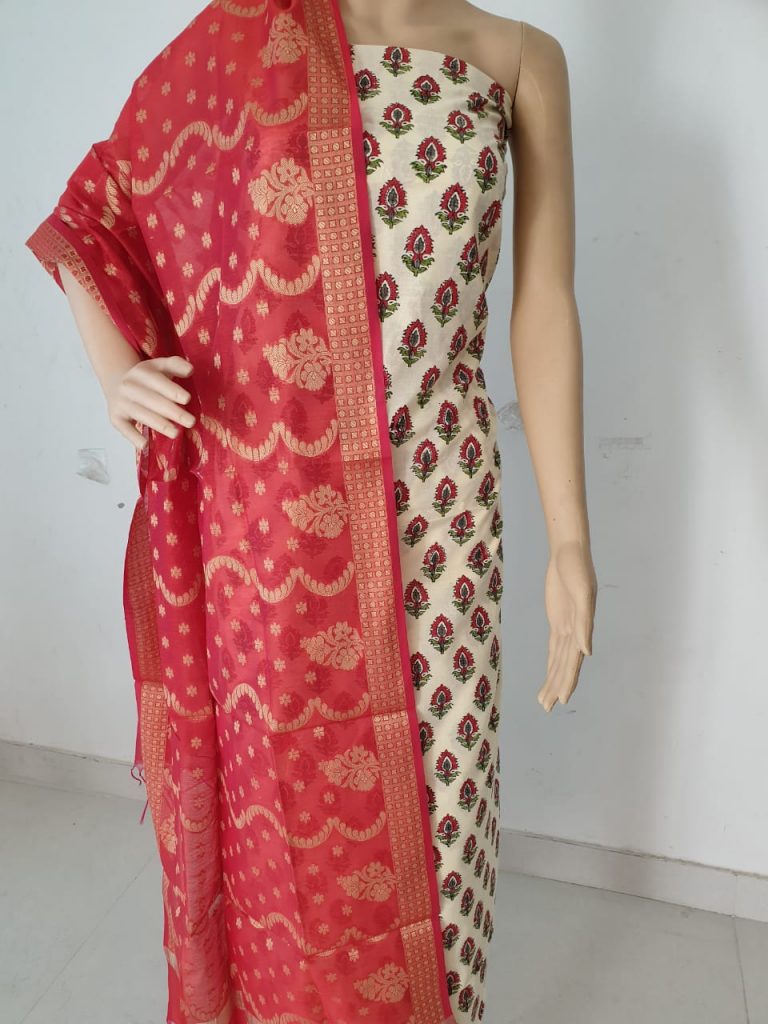 Red waves-leaf print pure cotton jakard golden work dupatta with 2-piece suit