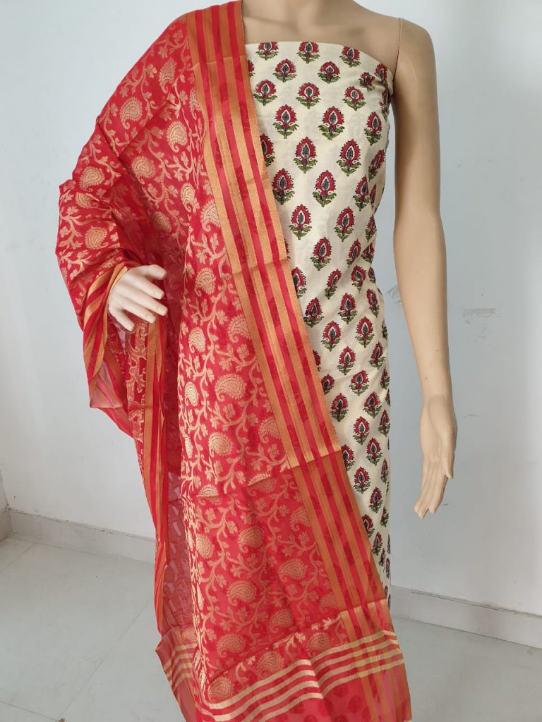 Jaipuri red party wear Cotton 2 piece suit with jakard golden work dupatta