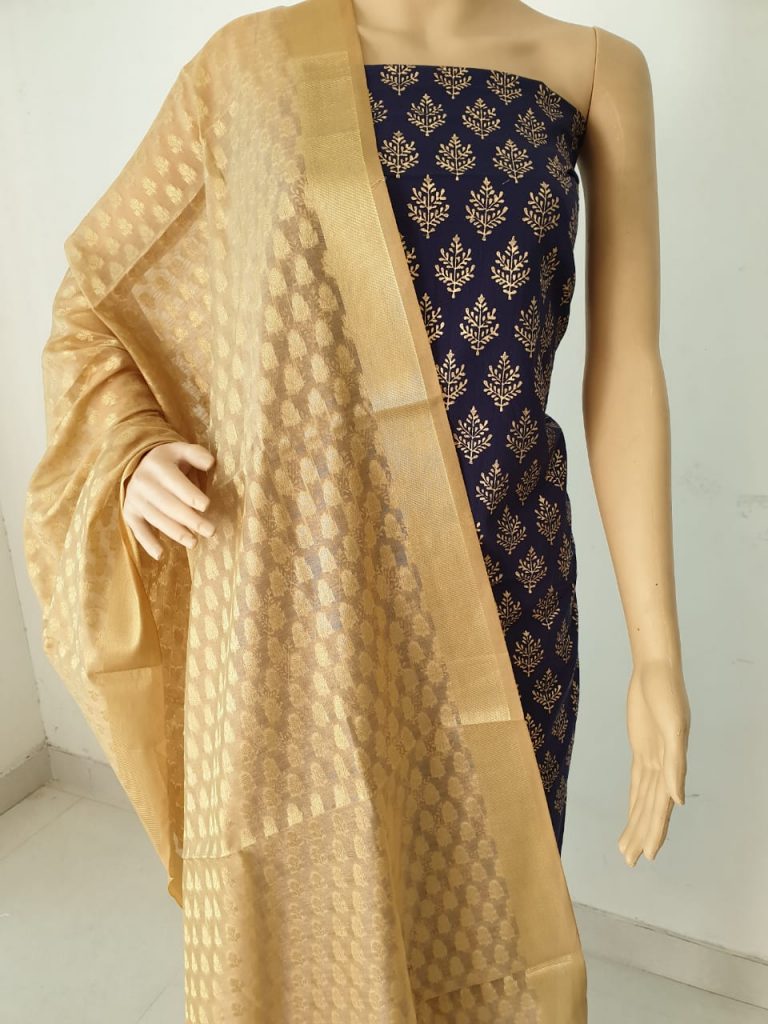Ladies gold office wear pure Cotton 2 piece suit with jakard golden work dupatta