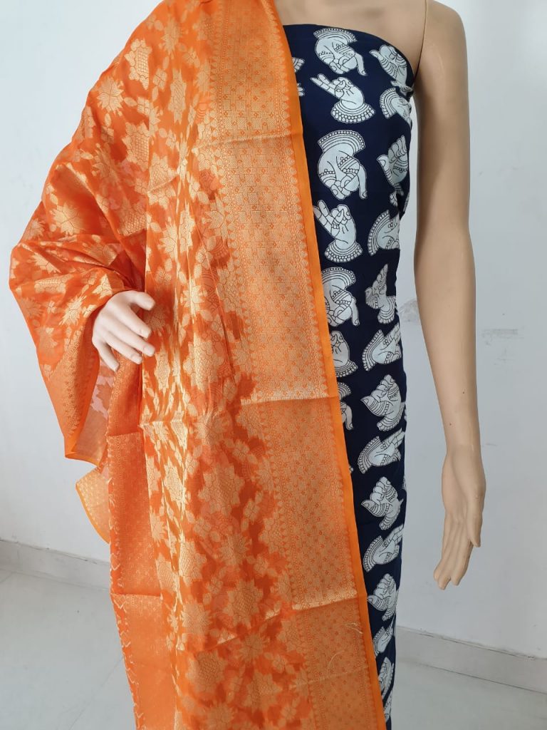 Orange hand print pure cotton 2-piece suit with jakard golden work dupatta