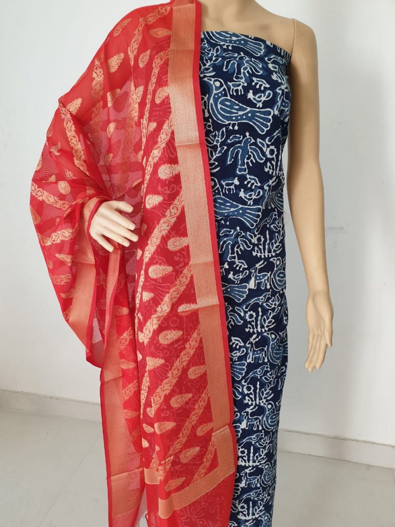 Jaipuri crimson pure cotton 2 piece suit with jakard  golden work dupatta