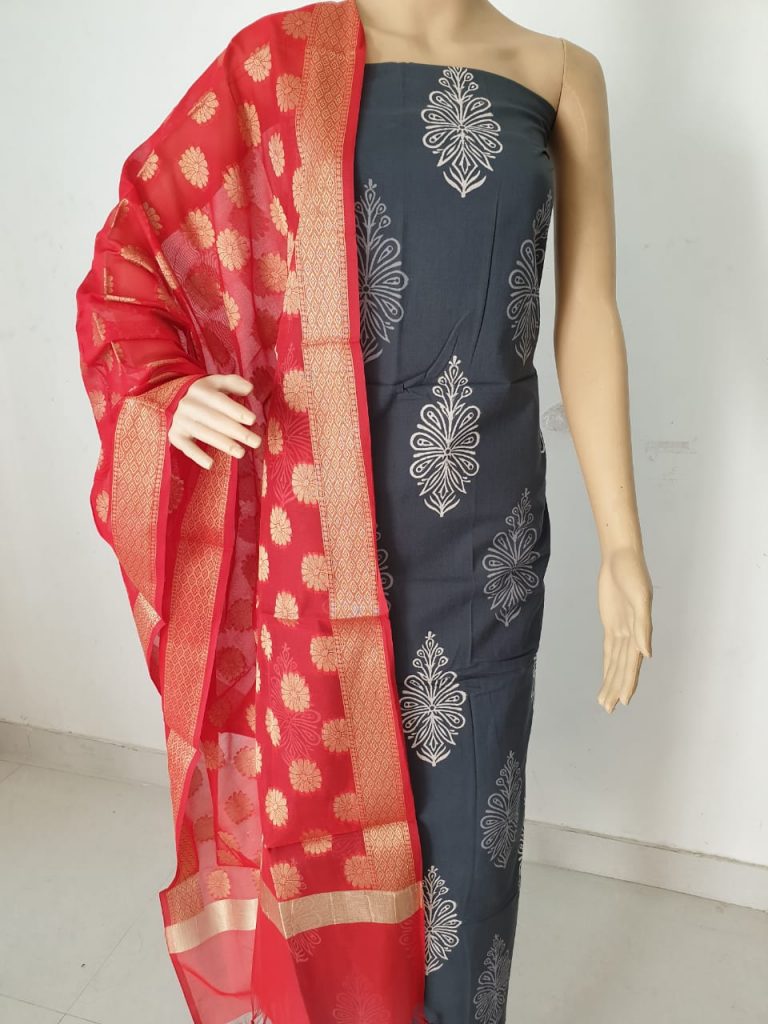 Red dots print pure cotton 2-piece suit with jakard golden work dupatta