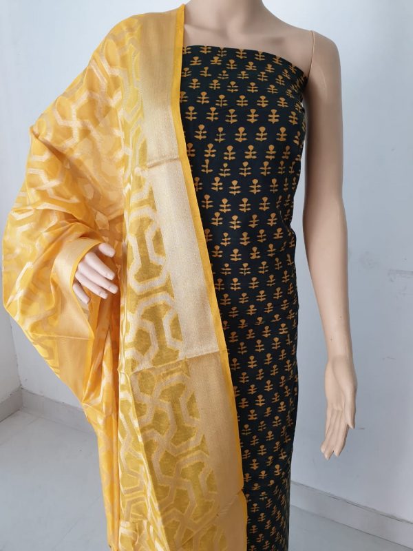 Golden strips print pure cotton 2-piece suit with jakard golden work dupatta