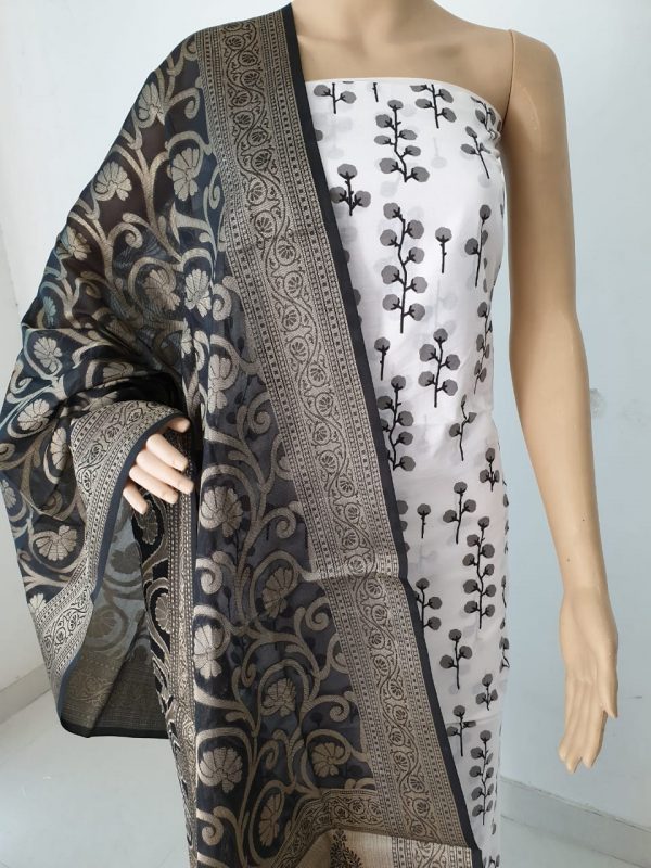 Slate gray booty print pure cotton 2-piece suit with jakard golden work dupatta