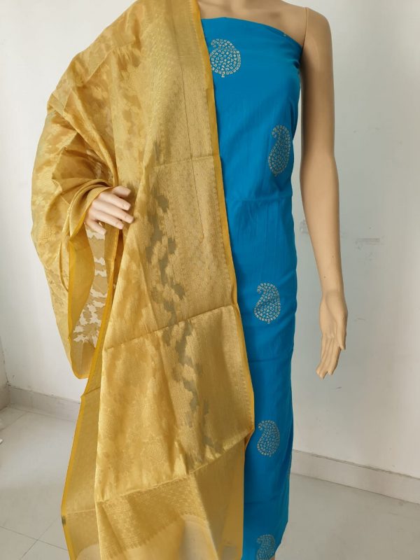Dress material golden pure Cotton 2 piece suit with jakard  golden work dupatta