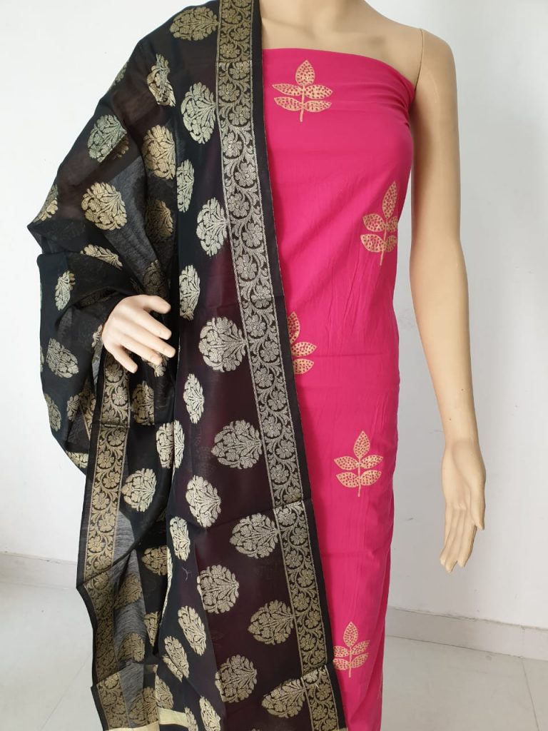 Jaipuri rose leaf print pure cotton 2-piece suit with jakard golden work dupatta