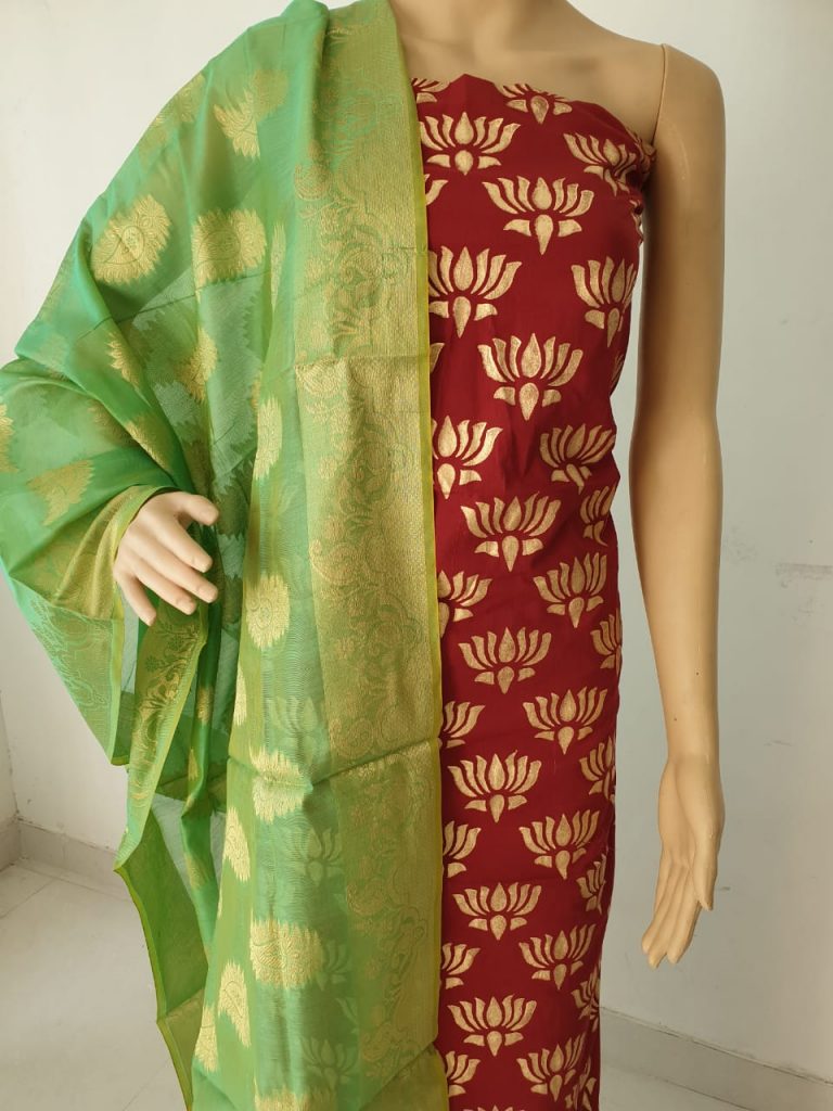 Ladies maroon floral print party wear pure cotton 2-piece suit with jakard golden work dupatta