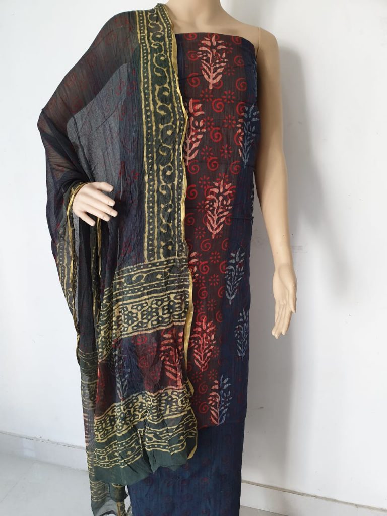 Jaipuri black discharge bagru print zari border chiffon dupatta cotton salwar suit
