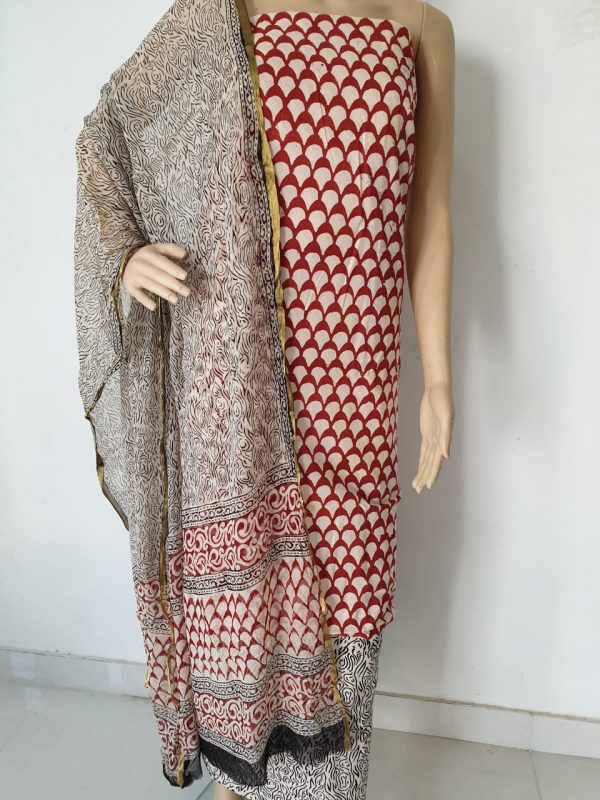 Dress material desert sand Jaipuri print zari border pure chiffon dupatta pure cotton salwar kameez set